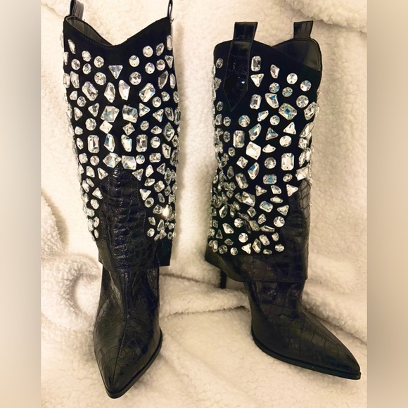 AZALEA WANG Jeweled Cowboy boots Shoes - Elegant Black Crystal Heeled Boots